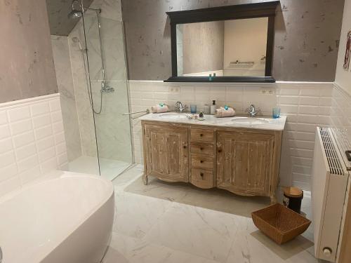 Un baño con ducha, lavabo e inodoro. en La Forteresse, en Borgloon