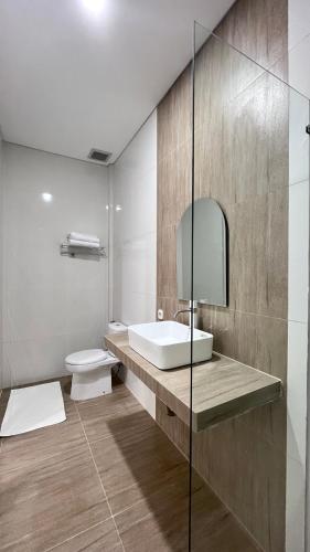 a bathroom with a sink and a toilet and a mirror at Kubu Sera Guest House in Canggu