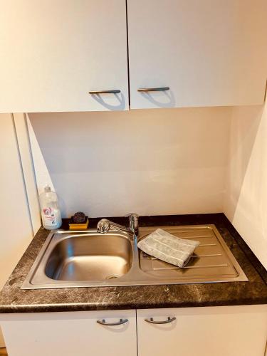 a kitchen counter with a sink in a kitchen at Apartments La Rosa in Rust