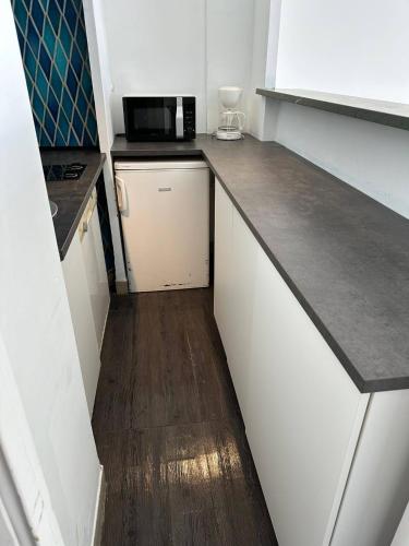 une petite cuisine avec un comptoir et un micro-ondes dans l'établissement LIDO Juan les pins - Front de mer, à Antibes