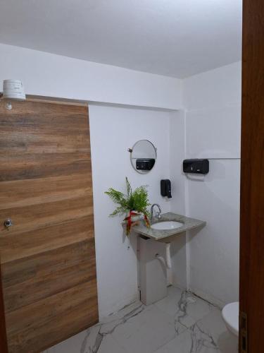a bathroom with a sink and a wooden door at Down The River Hostel in Iporanga