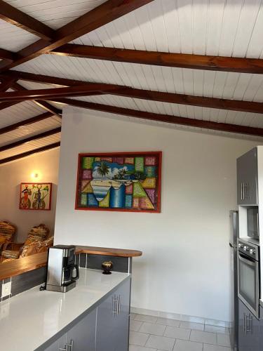 a kitchen with a counter and a painting on the wall at KAZ'AN NOU Location de vacance avec vue imprenable in Bouillante