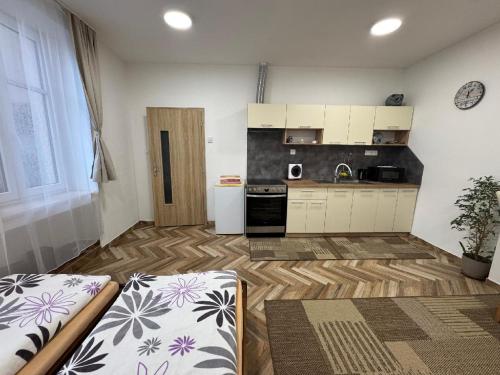 a kitchen with two beds in a room at Holičák in Olomouc