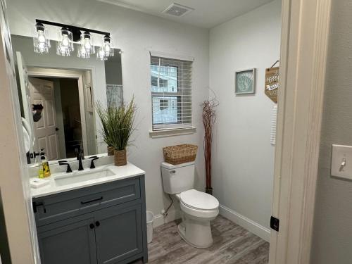 a bathroom with a toilet and a sink and a mirror at Sunset Heaven in Navarre