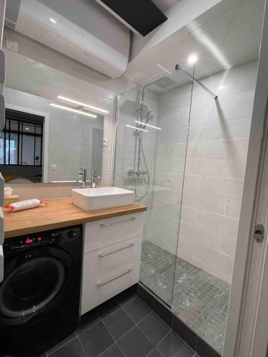 une salle de bain avec douche et machine à laver dans l'établissement L'Herbe ou ville, à Lyon