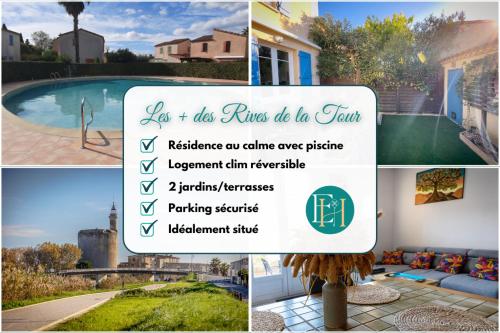 eine Collage von Bildern eines Hauses mit einem Schild in der Unterkunft Maison Les Rives de la Tour Aigues-Mortes - Proche des remparts - Idéalement situé in Aigues-Mortes
