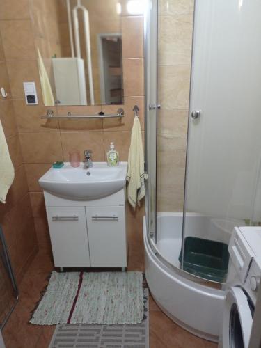 a bathroom with a sink and a shower and a toilet at Mieszkanie na skraju Puszczy Białowieskiej in Hajnówka