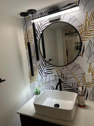 a bathroom with a sink and a mirror at Luxurious modern basement apartment in Pickering