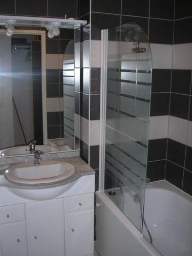 une salle de bain avec un lavabo et une douche en verre dans l'établissement T2 Cabine calme vu montagne, à Luz-Saint-Sauveur