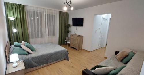 Un dormitorio con una cama, un sofá y un televisor. en Central Panorama, en Târgu Mureș