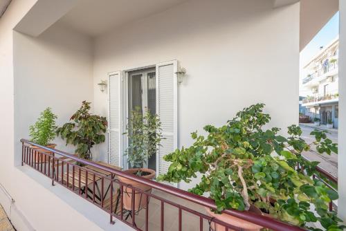 a balcony with potted plants and a window at In the center of Messolonghi in Mesolongion