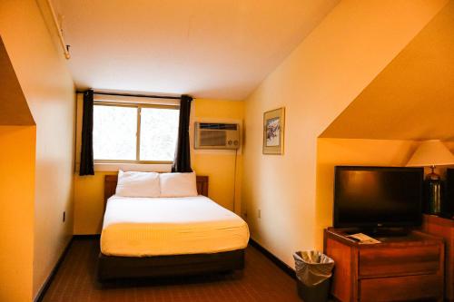 a small room with a bed and a television at Snowy Owl Inn in Waterville Valley