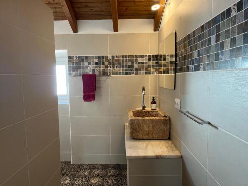 un baño con lavabo y ducha en Quinta Samor, en Aljezur