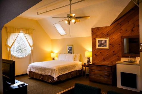 a bedroom with a bed and a tv and a window at Snowy Owl Inn in Waterville Valley