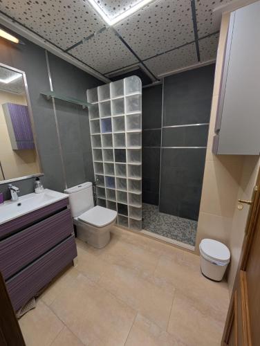 ein Badezimmer mit Toilette, Waschbecken und Dusche in der Unterkunft Villa romeritas in Puerto de Mazarrón