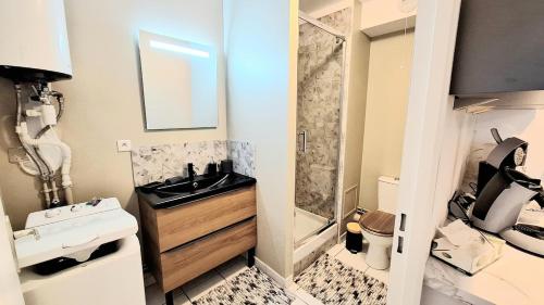 une petite salle de bain avec un lavabo et une douche dans l'établissement Appartement cosy, balcon et place privée, au Mans