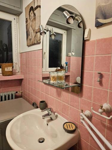 une salle de bain avec un lavabo et un miroir dans l'établissement Appartement avec balcon à Metz, 82 m², 4 personnes, à Metz
