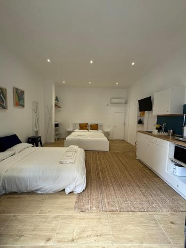 een grote kamer met 2 bedden en een keuken bij Suite San Giovanni in Rome