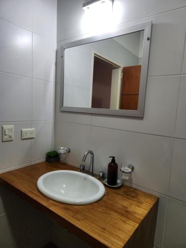 a bathroom with a sink and a mirror on a counter at Real .Departamento in Luján