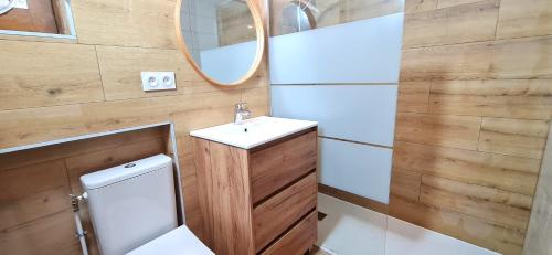 une salle de bain avec toilettes, lavabo et miroir dans l'établissement Chalet La Cora classé 4 étoiles pied des pistes Font-Romeu P2000, box WIFI, à Bolquère-Pyrénées 2000