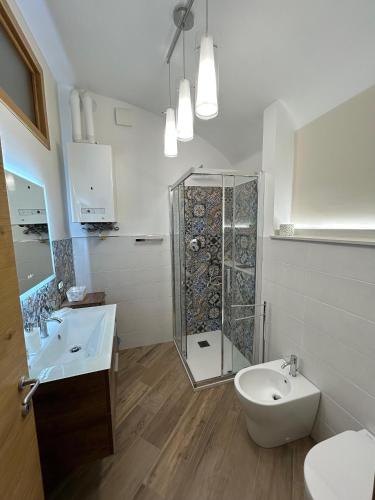 a bathroom with a shower and a sink and a toilet at Nolarium in Pescocostanzo