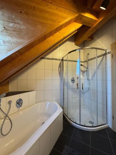 a bathroom with a tub and a glass shower at 5-Seen-Loft mit 4-6 Schlafplätzen, Ferienwohnung Nähe Ammersee, neu eingerichtet in Kottgeisering