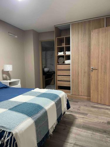 a bedroom with a bed and a wooden closet at Calido departamento Parque in Villa Marini