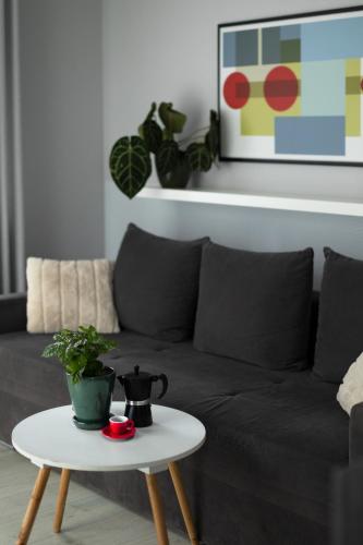 a living room with a couch and a table at Apartamenty Wczasowa - z widokiem na góry, parkingiem, rowerownią in Kudowa-Zdrój