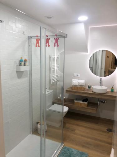 a bathroom with a shower with a toilet and a mirror at La Casa de la Abuela in Jaén