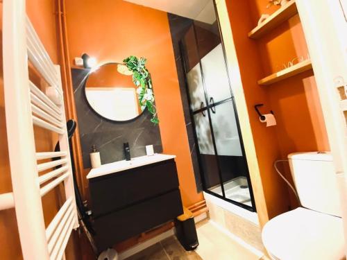 une salle de bain avec un lavabo et un miroir dans l'établissement Bienvenue à Santorin - Caen centre, à Caen