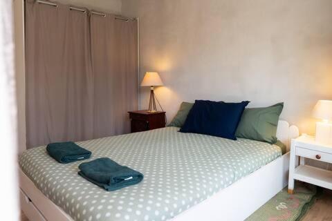 une chambre avec un lit avec des oreillers bleus dessus dans l'établissement Chez Sophie Appartement T2 Gare Saint Jean, à Bordeaux