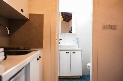 a small kitchen with a sink and a toilet at Eftychia's House in Lofou