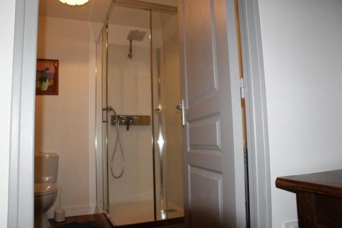 a shower with a glass door in a bathroom at Gîte chezmadlou in Colondannes
