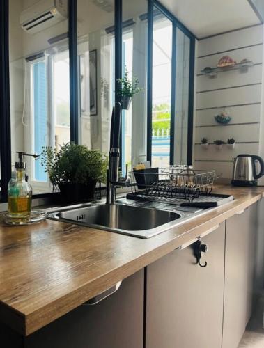 une cuisine avec un évier et un comptoir dans l'établissement Maison de pêcheur atypique, à Cagnes-sur-Mer