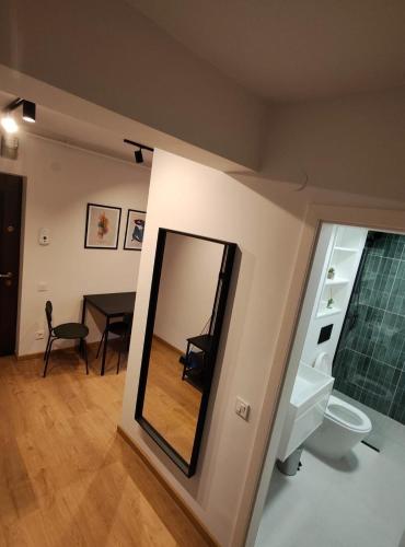 a bathroom with a mirror and a toilet and a table at Christians Haus in Târgu-Mureş