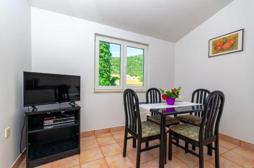 a dining room with a table with chairs and a tv at Apartments Franka in Klek