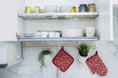 a kitchen with two red oven mitts and dishes at Green Garden in Rome