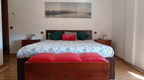 a bedroom with a large bed with red pillows at Vivienda Rural Paraje El Sotillo in Carchel