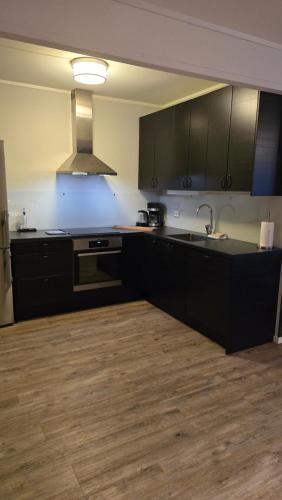 an empty kitchen with black cabinets and a sink at Hemmingodden Lodge in Ballstad