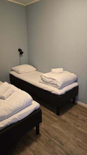 a room with two twin beds in a room at Hemmingodden Lodge in Ballstad