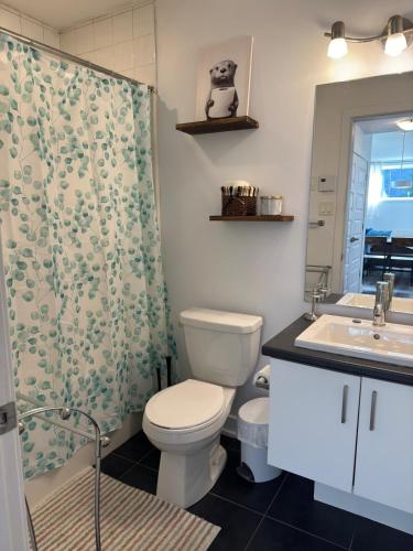 a bathroom with a toilet and a sink and a shower at Bright and Spacious Apartment in Plateau in Gatineau