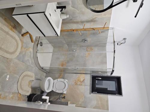 a bathroom with a toilet and a tv on the wall at visitor's house 1 in Rădăuţi