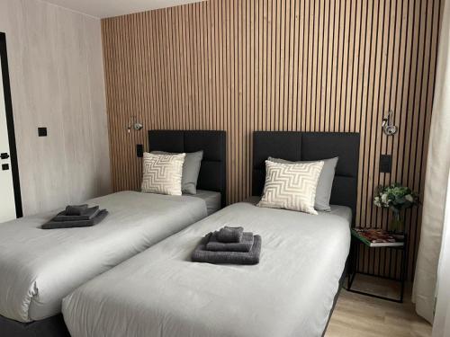 two beds sitting next to each other in a room at La Ferme du Château - Classic Room in Fontaine-lʼÉvêque