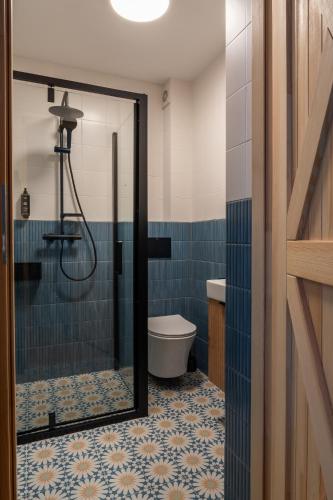 a bathroom with a shower and a toilet in it at Panocek i Babka in Białka Tatrzanska