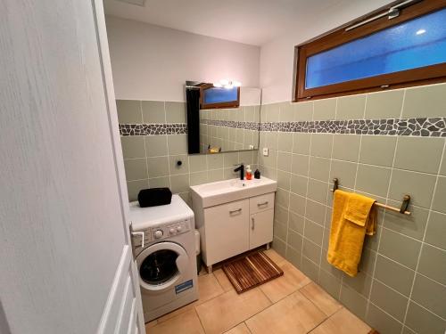 une salle de bain avec une machine à laver et un lave-linge dans l'établissement Aux portes de Bayonne, à Saint-Pierre-dʼIrube