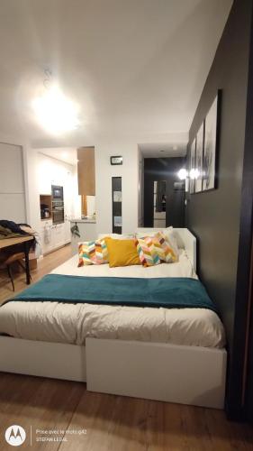 une chambre avec un grand lit avec des oreillers colorés dans l'établissement le Ty Cosy Montagnard la Mongie, à Bagnères-de-Bigorre