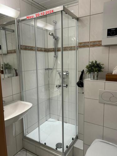 a shower with a glass door in a bathroom at FeWo Altenau in Altenau