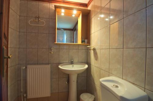 a bathroom with a sink and a toilet and a mirror at Manoli's House in Douliana