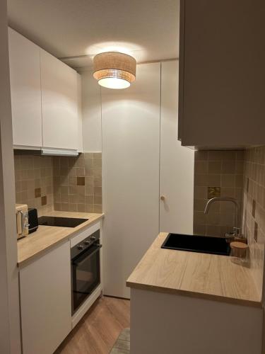 - une cuisine avec des placards blancs, un évier et une lampe dans l'établissement Charming Apartment with JACUZZI Centre Strasbourg Gare, à Strasbourg