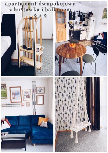 a collage of photos of a living room with a couch and a table at GóralSki in Wisła